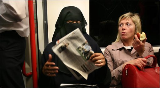 A Muslim woman wears a niqab.  While a part of Islamic society, it does seem a bit off putting to westerners.